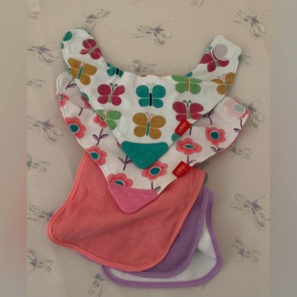 Girl Newby teething and assorted plain bibs, new and gently used without tags